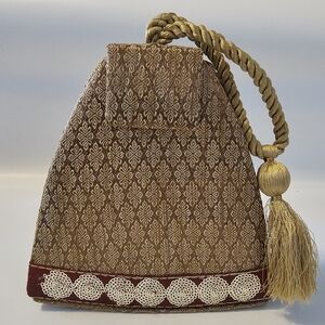 Aarong Pyramid-type Gold Red Wristlet Tassle Sequins Evening Formal Bag Purse